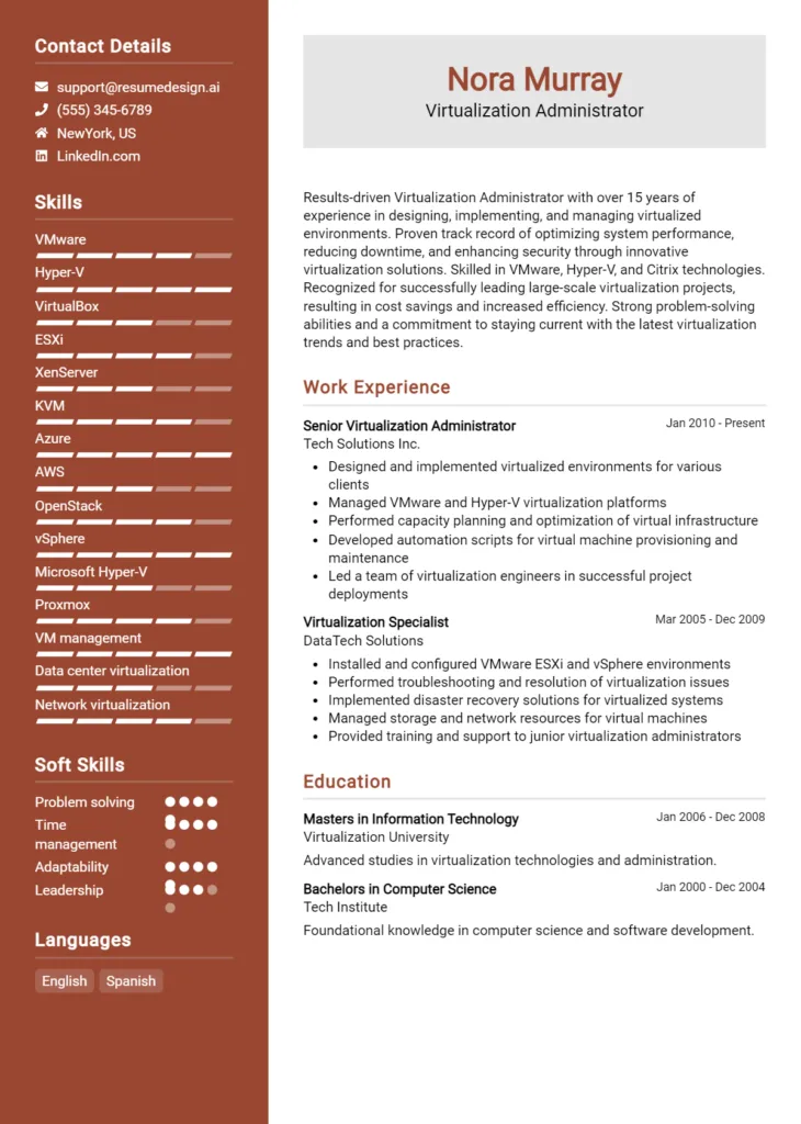 Virtualization Administrator Resume Example