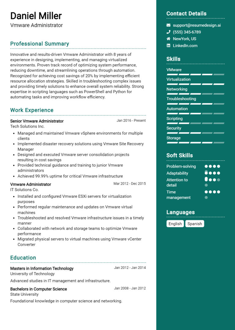 24 VMware Administrator Resume Examples And Templates for 2025 (Downloadable)