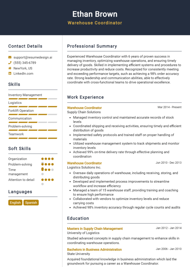 Warehouse Coordinator Resume Example