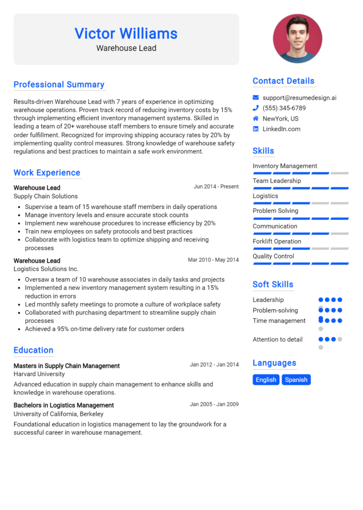 Warehouse Lead Resume Example