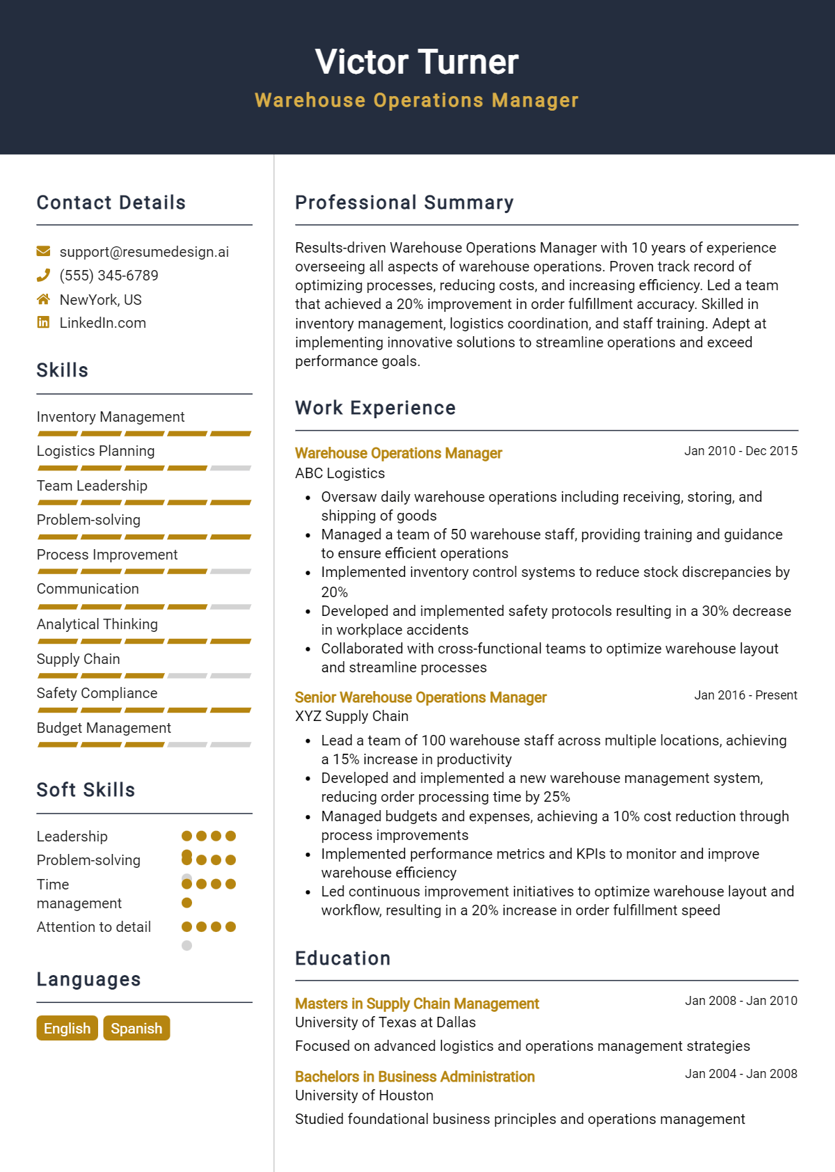 Warehouse Operations Manager Resume Example