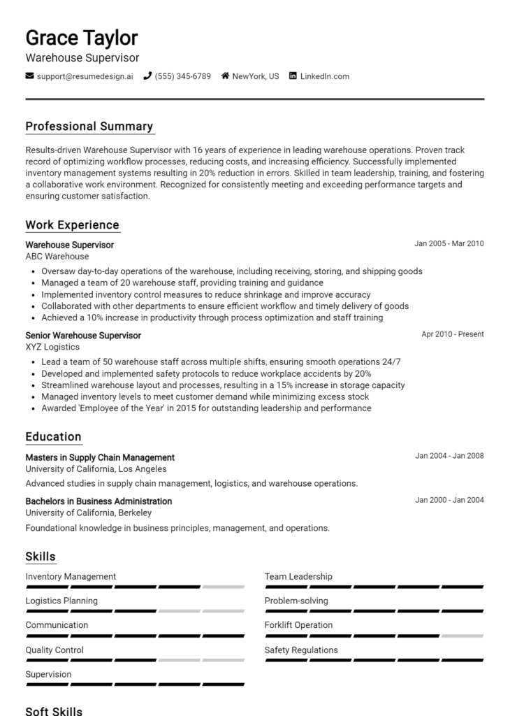 Warehouse Supervisor Resume Example