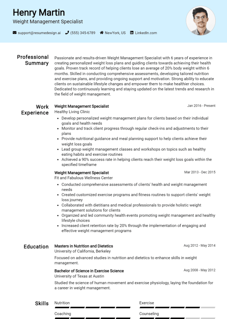 12 Weight Management Specialist Resume Examples And Templates for 2025 [Guide]