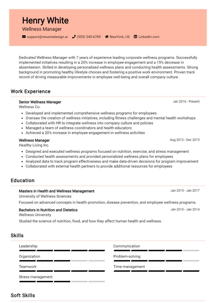 Wellness Manager Resume Example