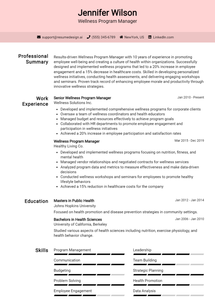 Wellness Program Manager Resume Example