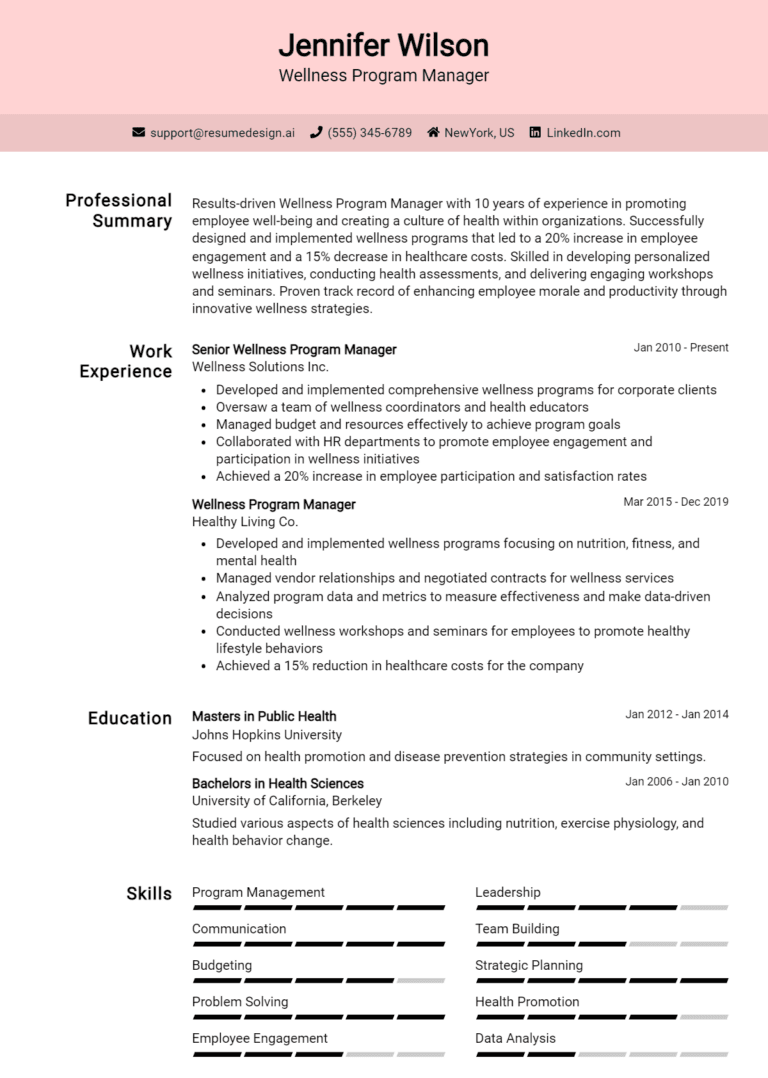 18 Wellness Program Manager Resume Examples And Templates for 2025