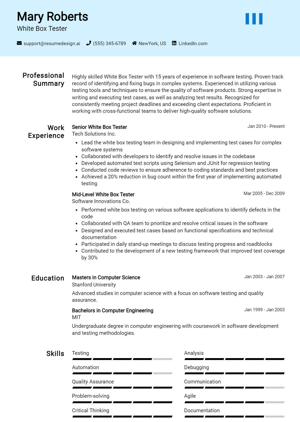 White Box Tester Resume Example