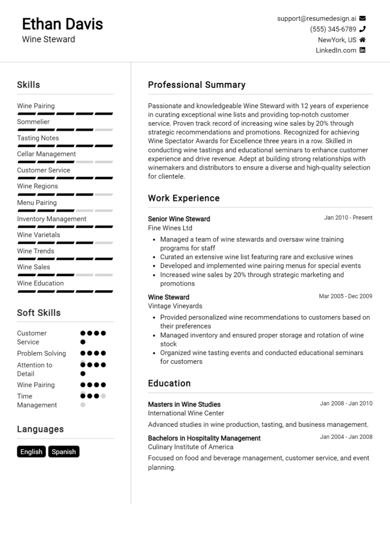 10 Wine Steward Resume Examples And Templates for 2025: Free Guide