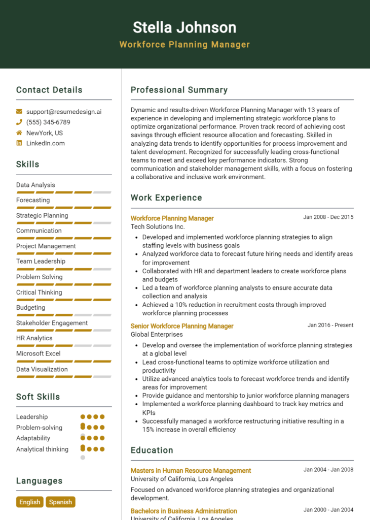 Workforce Planning Manager Resume Example