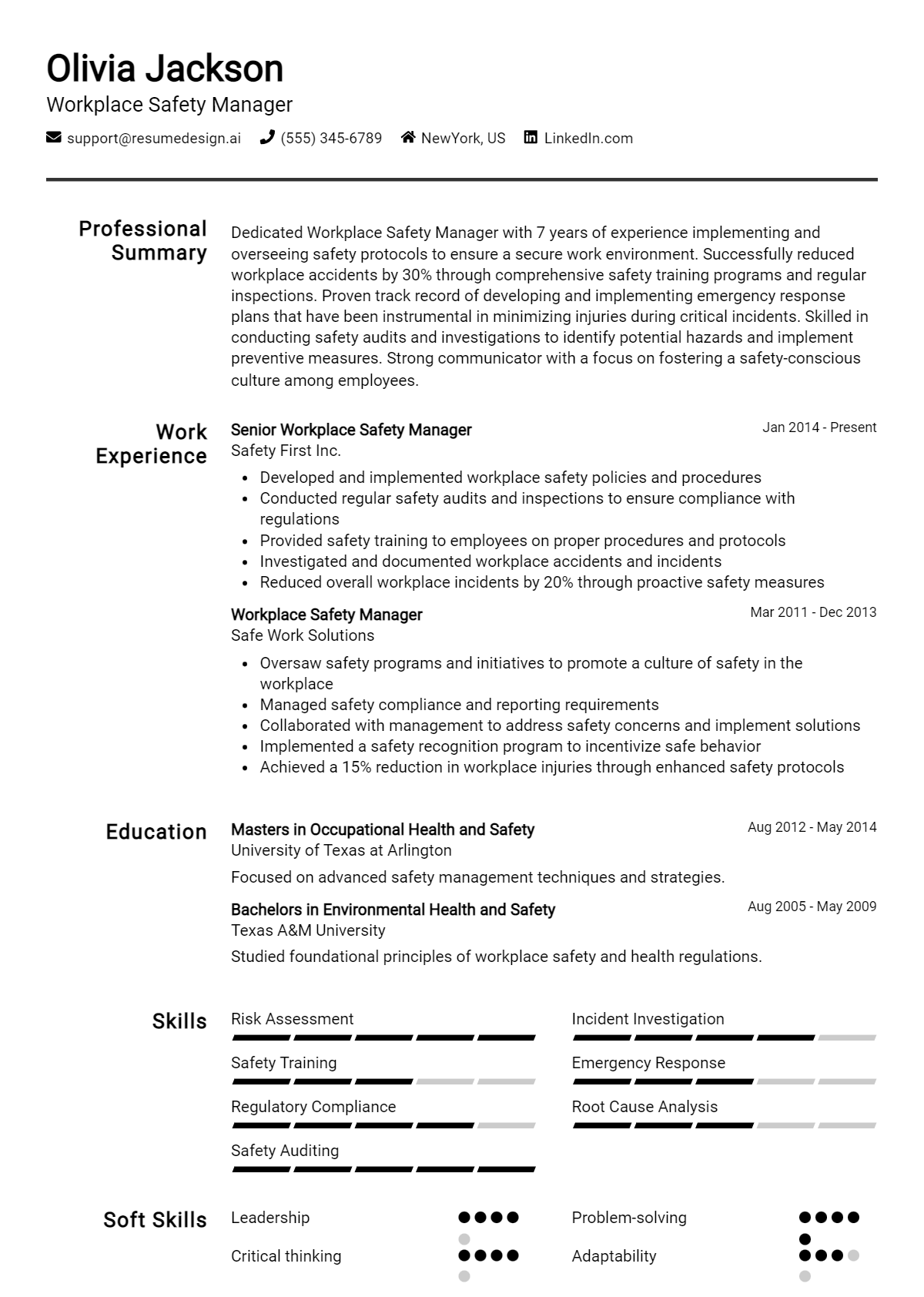 Workplace Safety Manager Resume Example