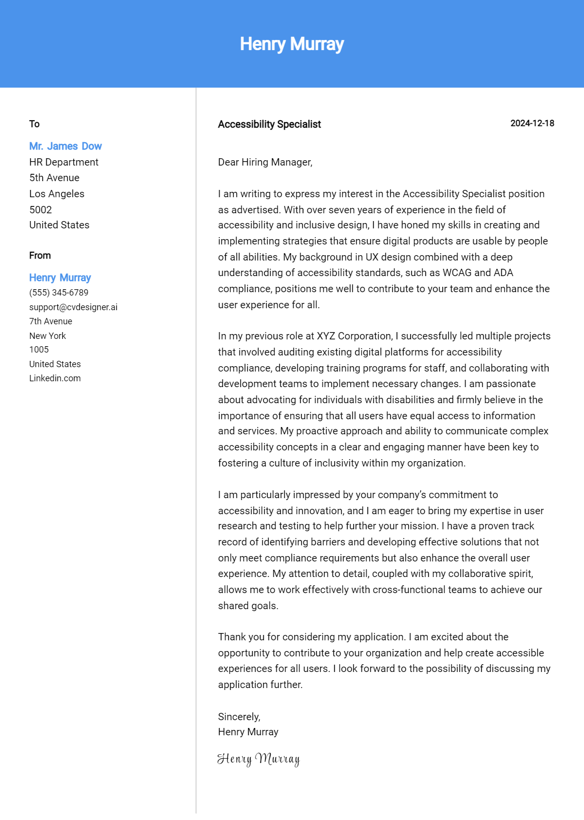 accessibility specialist cover letter example