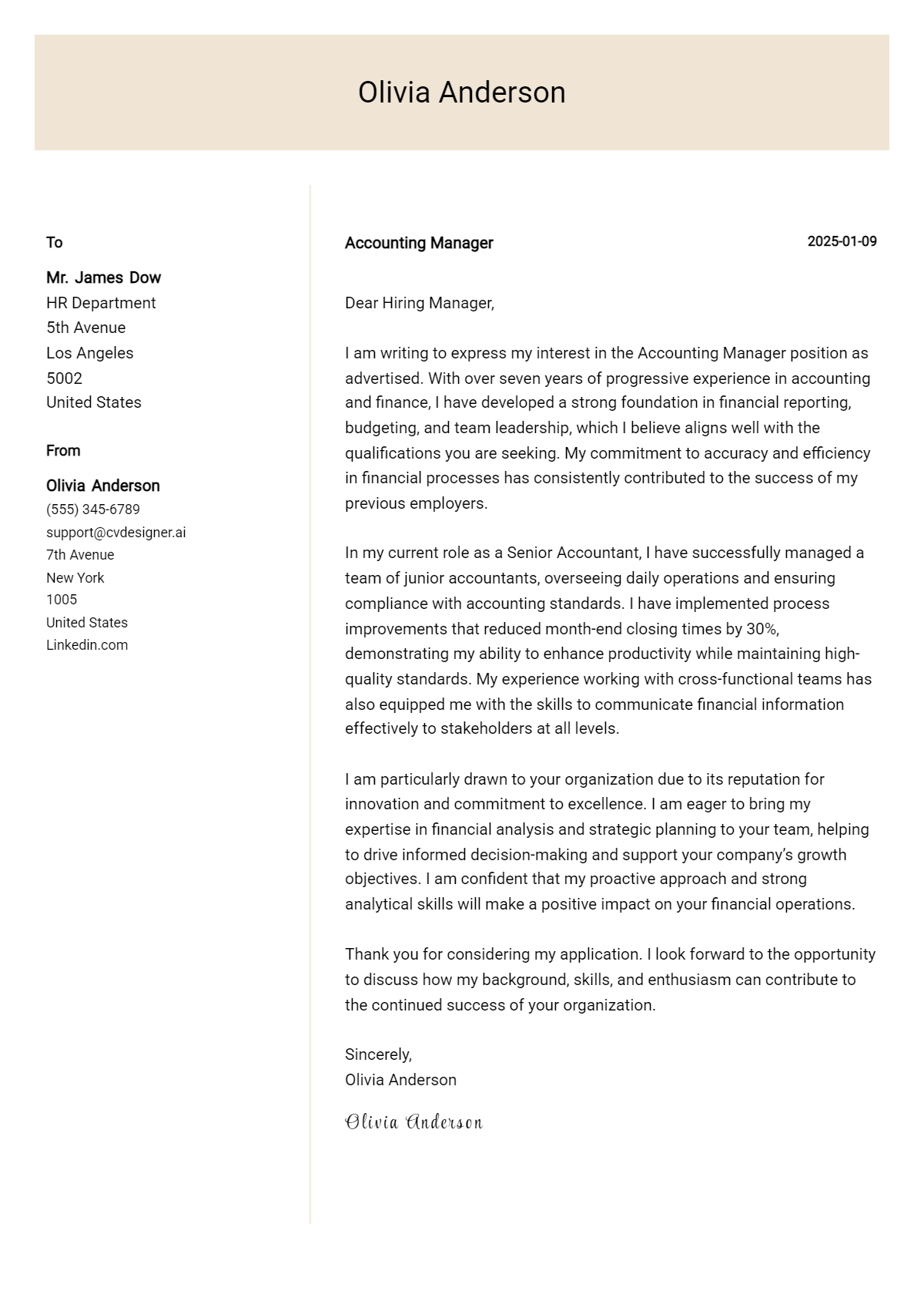 accounting manager cover letter example