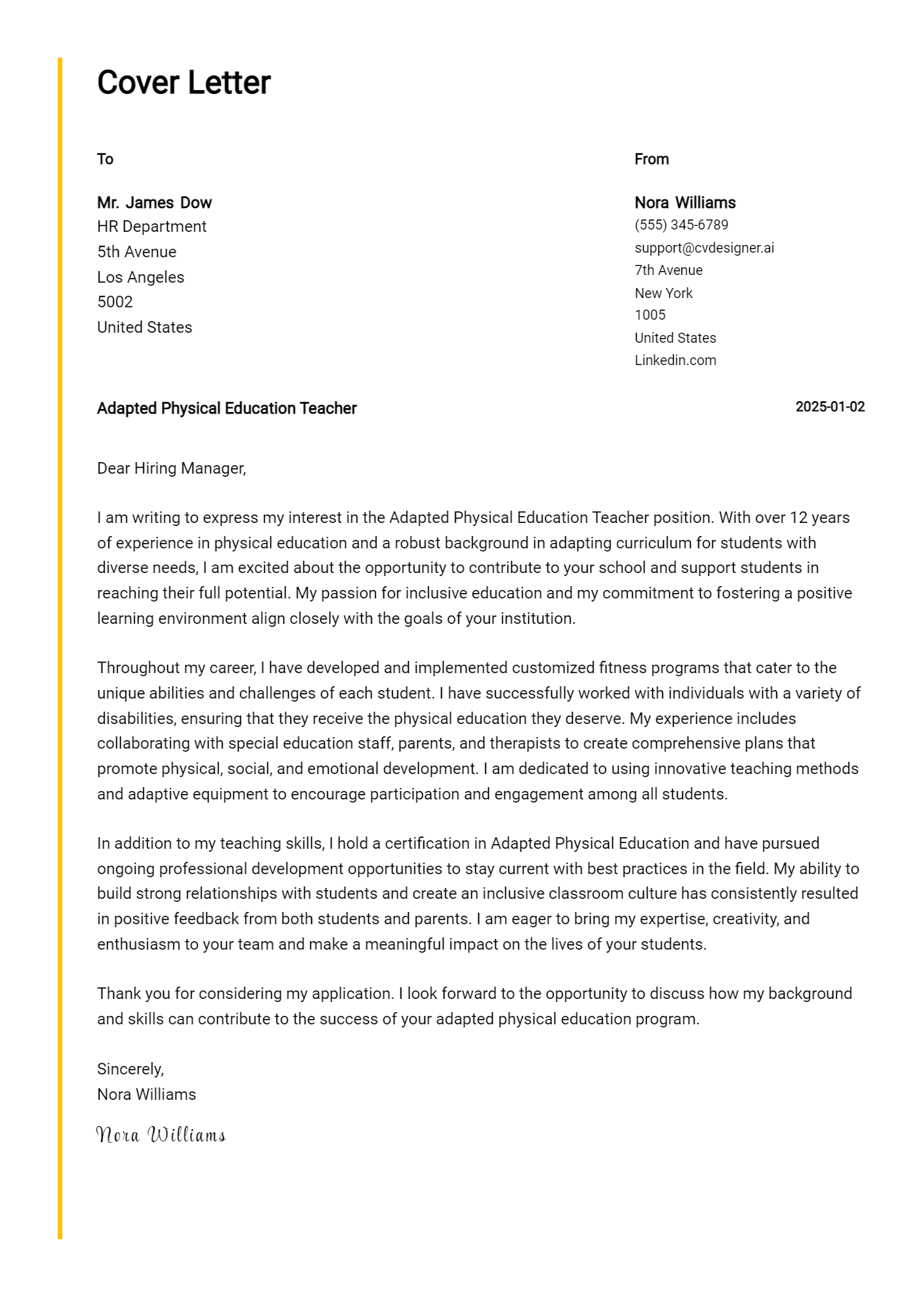 adapted physical education teacher cover letter example