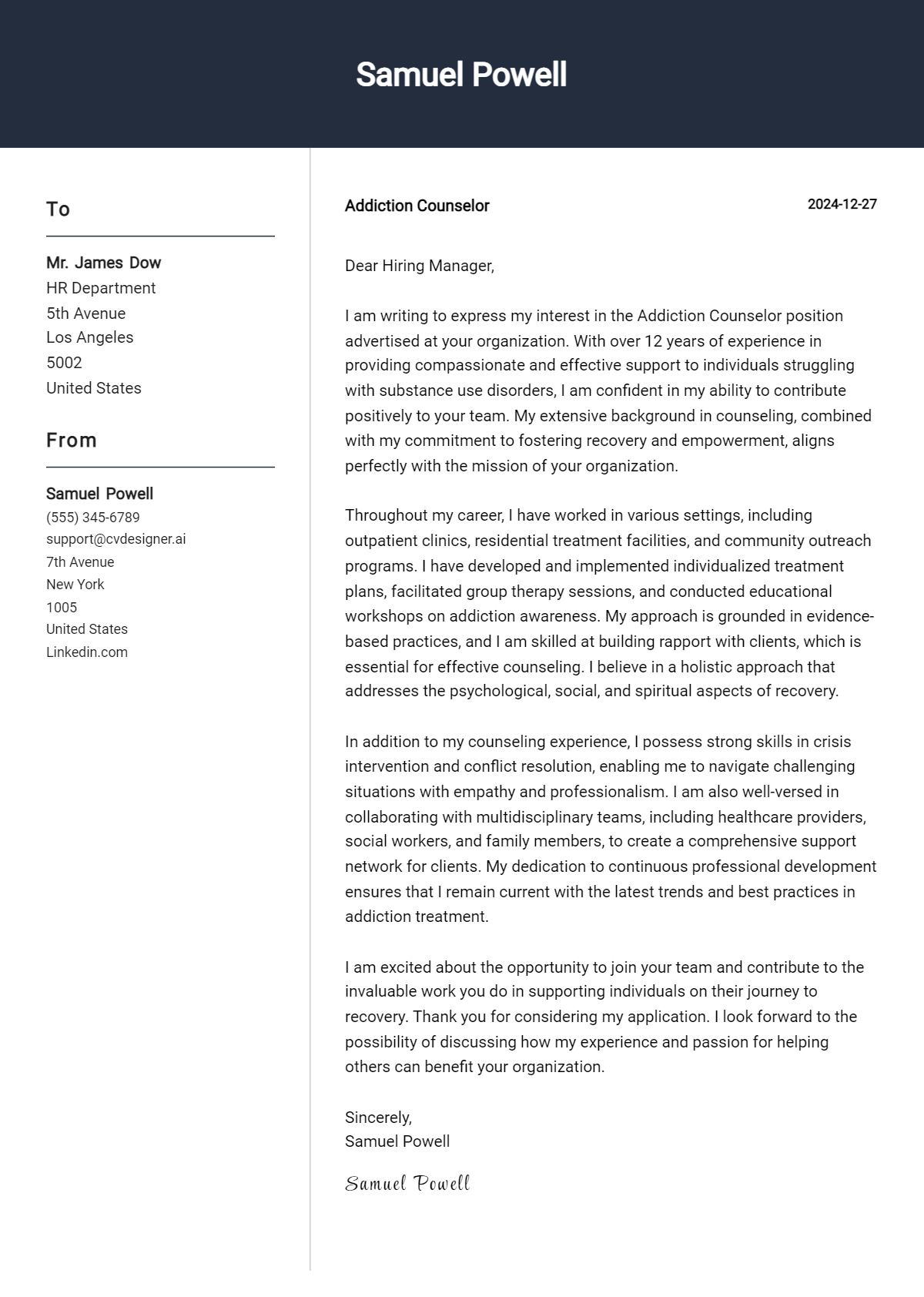 addiction counselor cover letter example