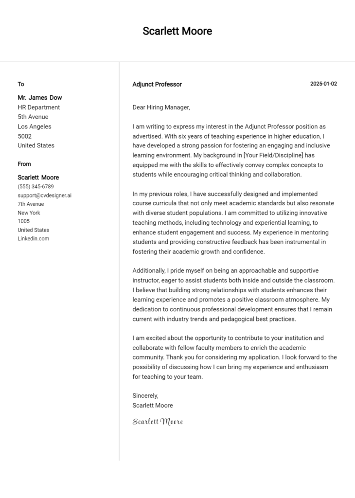 adjunct professor cover letter example