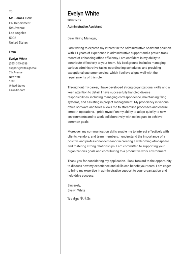 administrative assistant cover letter example