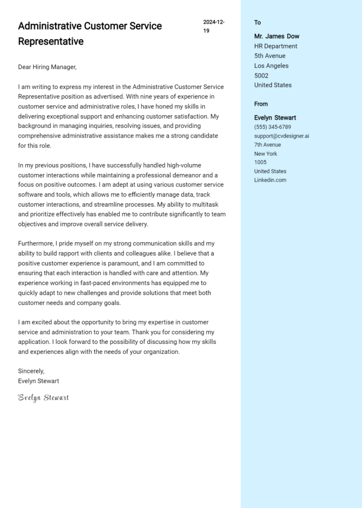 administrative customer service representative cover letter example