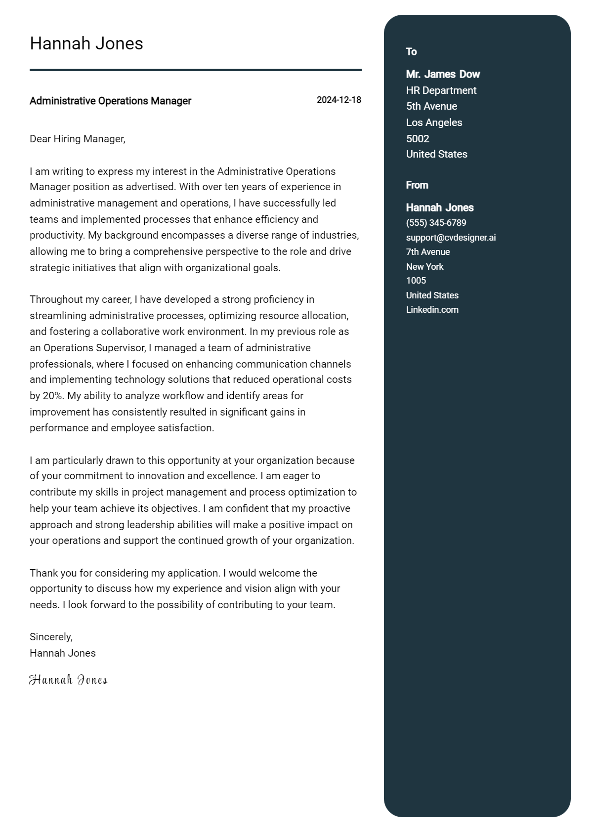 administrative operations manager cover letter example