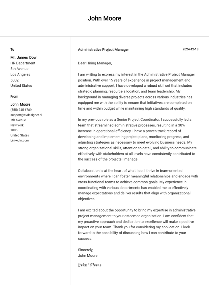 administrative project manager cover letter example