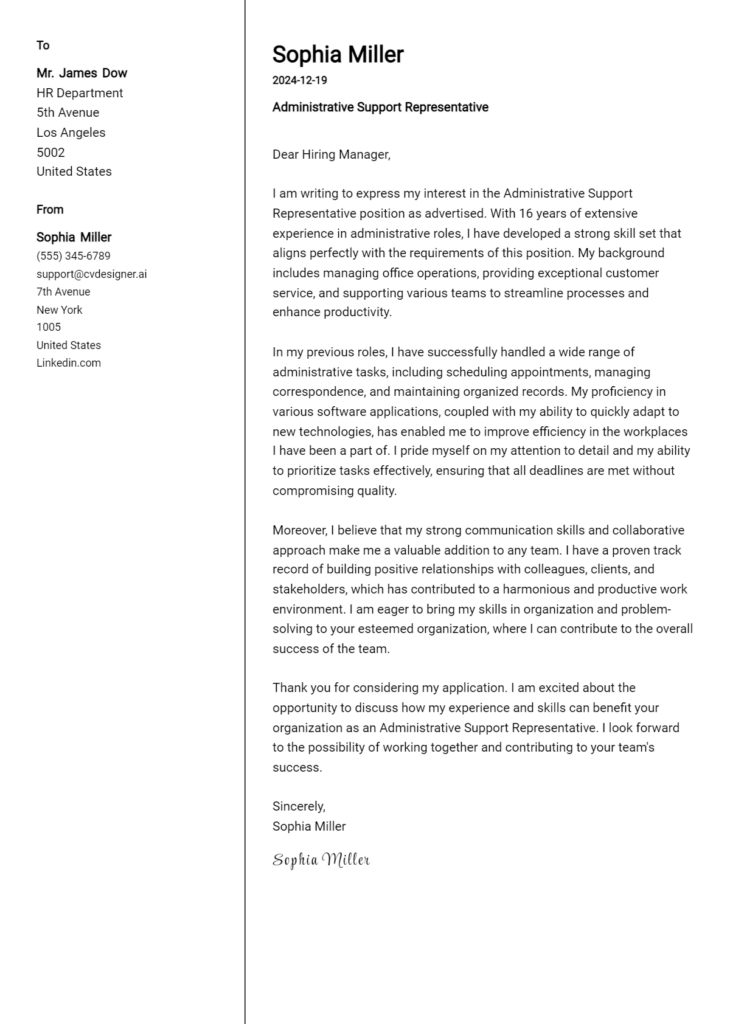 administrative support representative cover letter example