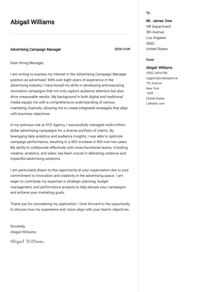 advertising campaign manager cover letter example