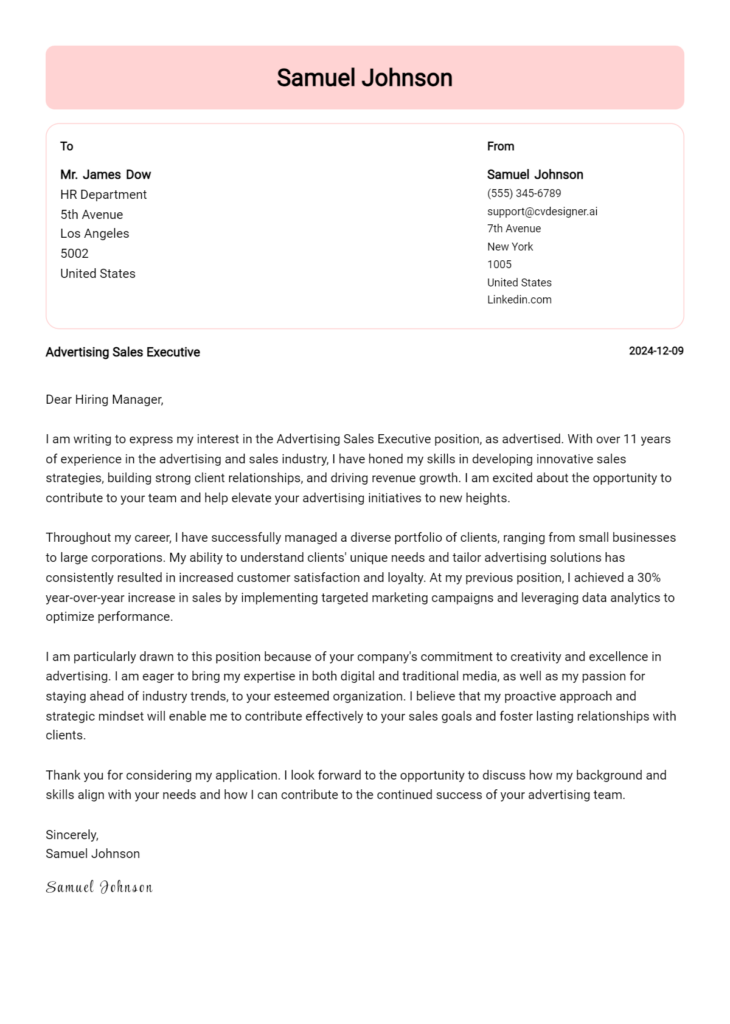 advertising sales executive cover letter example