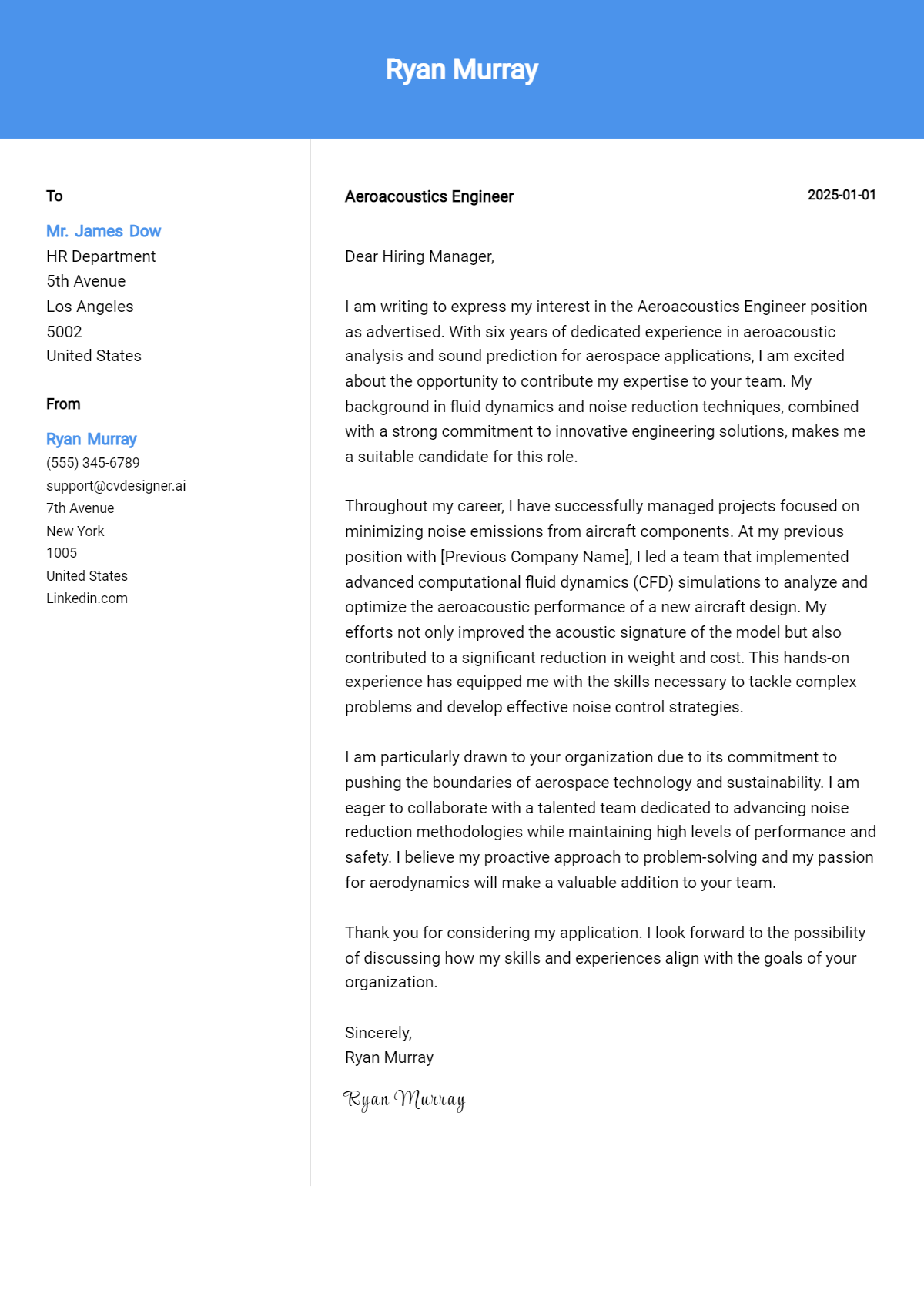 aeroacoustics engineer cover letter example