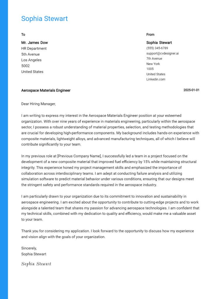 aerospace materials engineer cover letter example