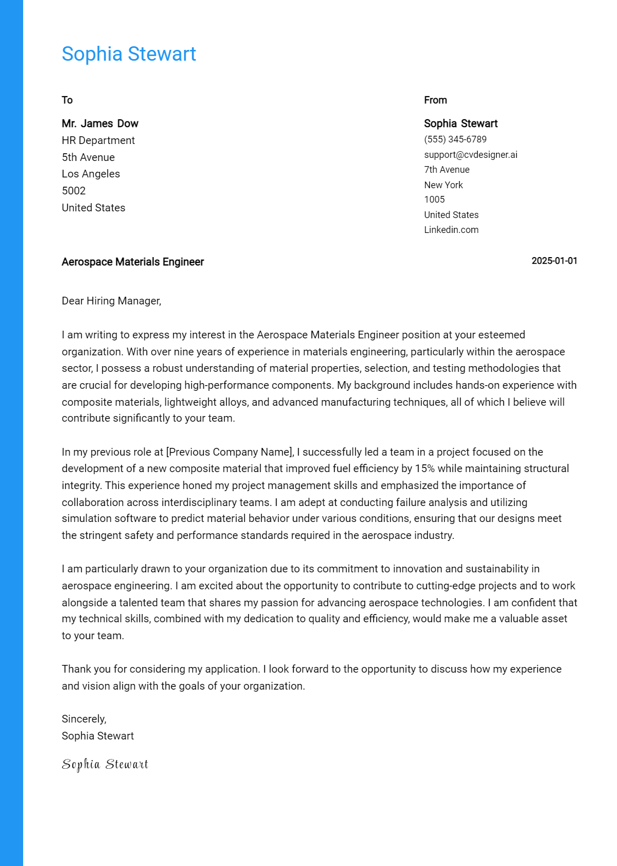 aerospace materials engineer cover letter example