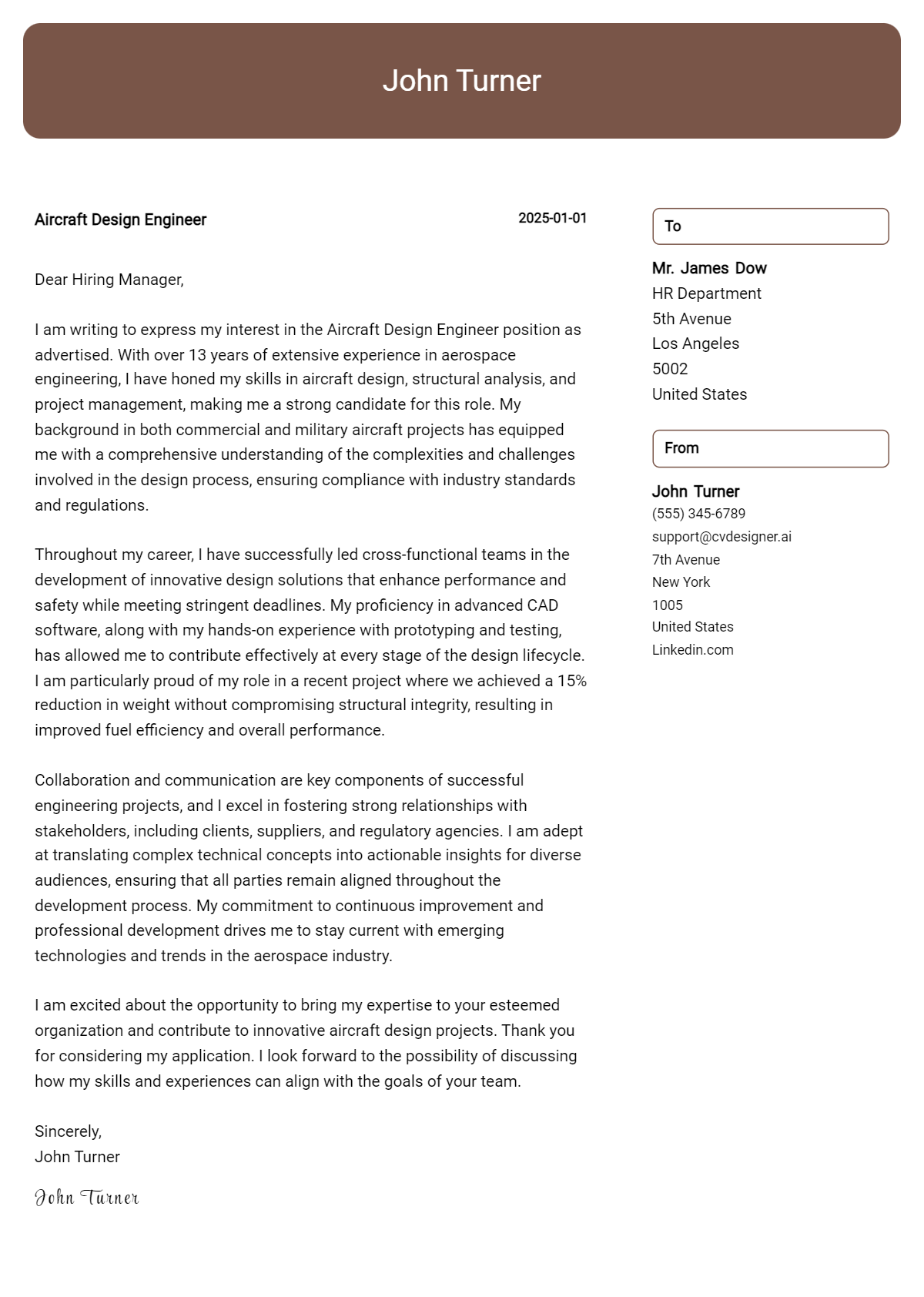 aircraft design engineer cover letter example