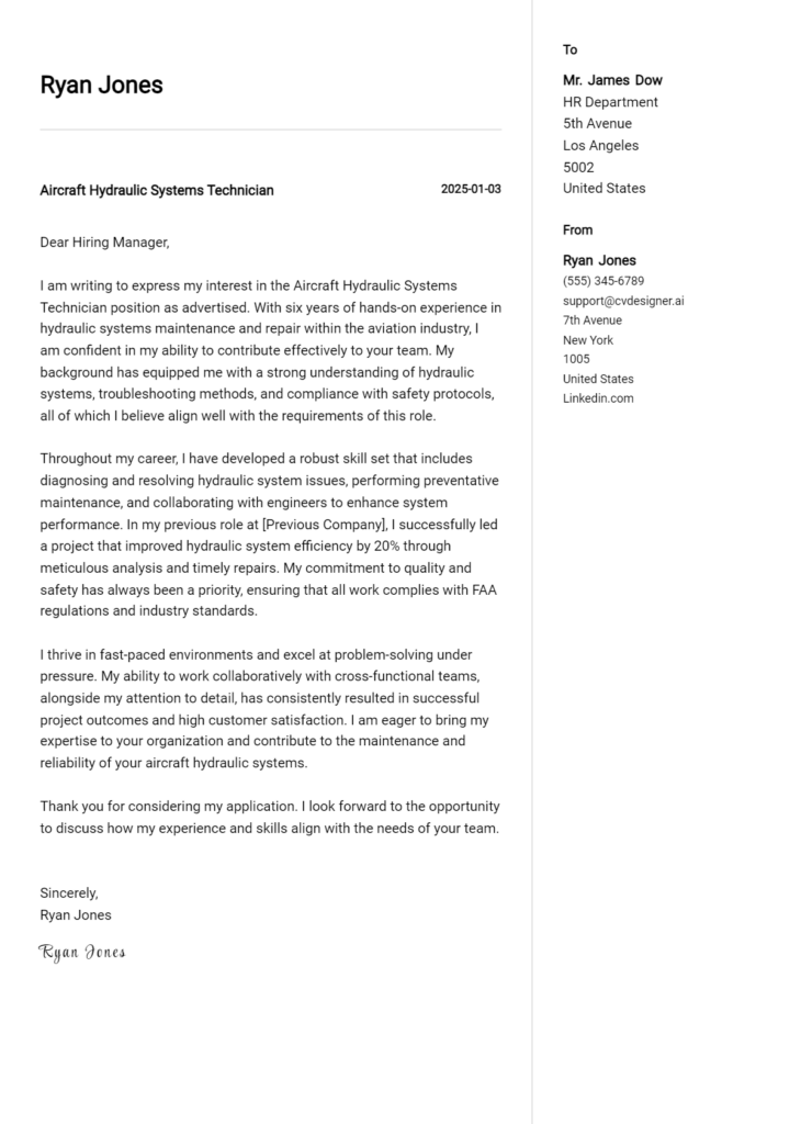 aircraft hydraulic systems technician cover letter example