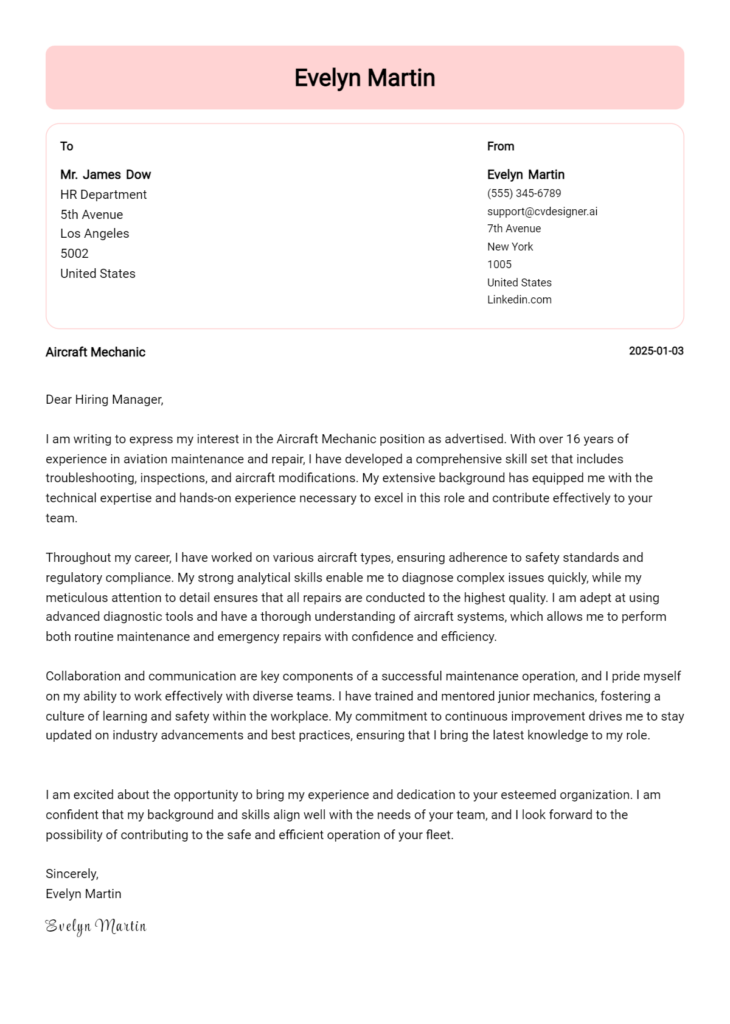 aircraft mechanic cover letter example