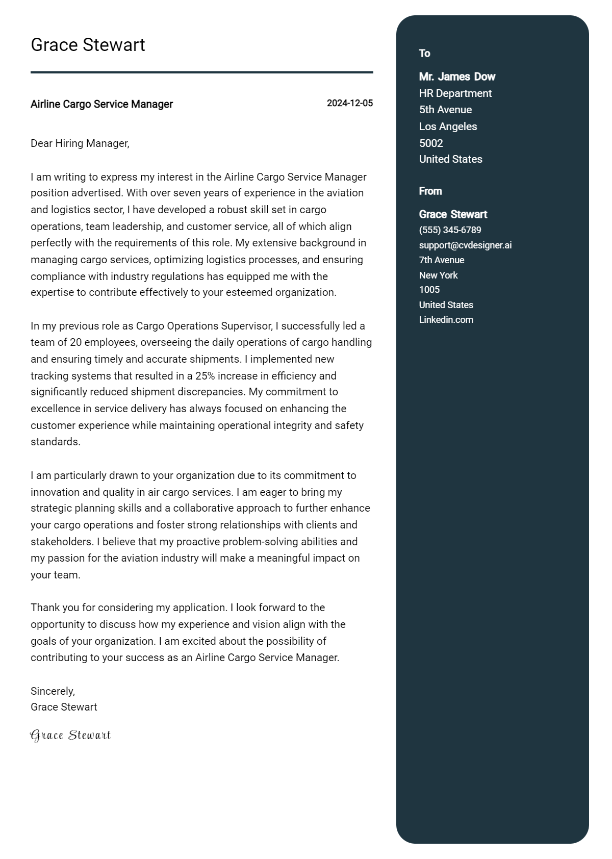 airline cargo service manager cover letter example