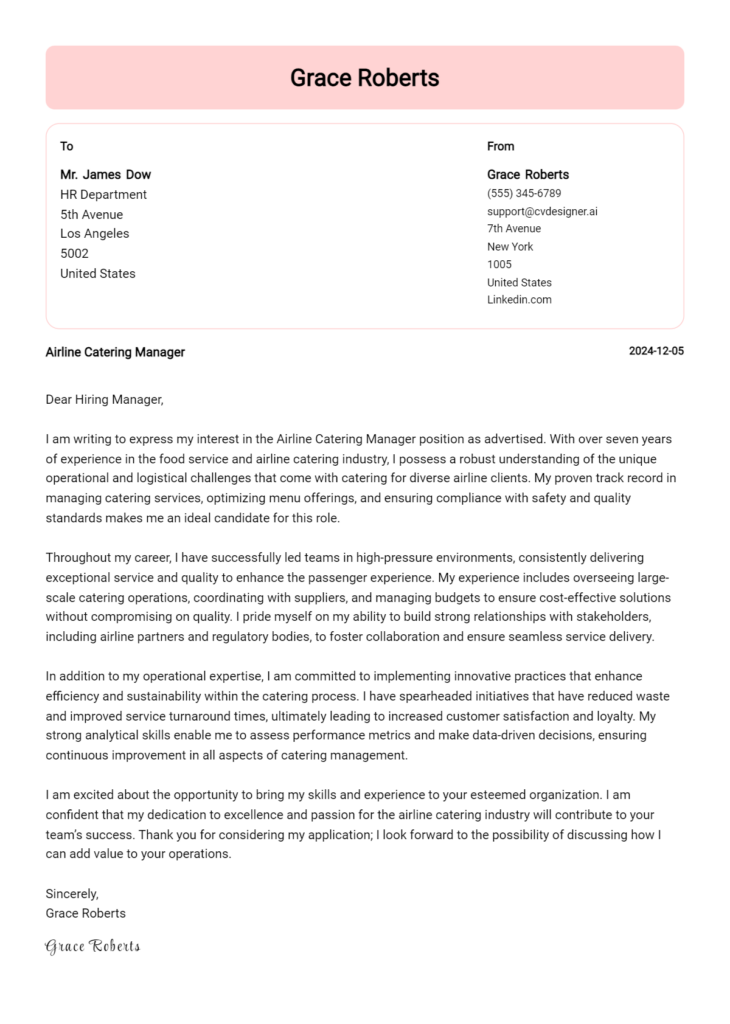 airline catering manager cover letter example