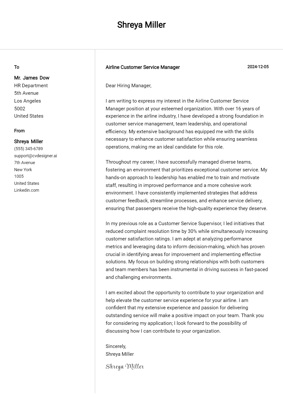 airline customer service manager cover letter example