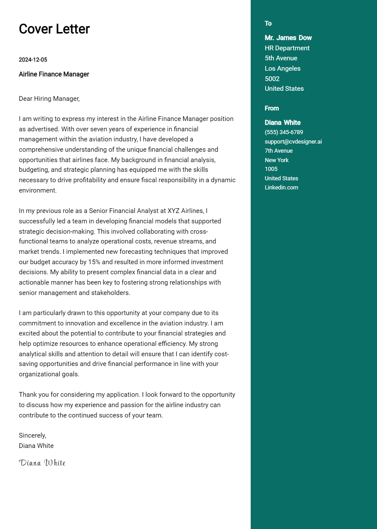 airline finance manager cover letter example