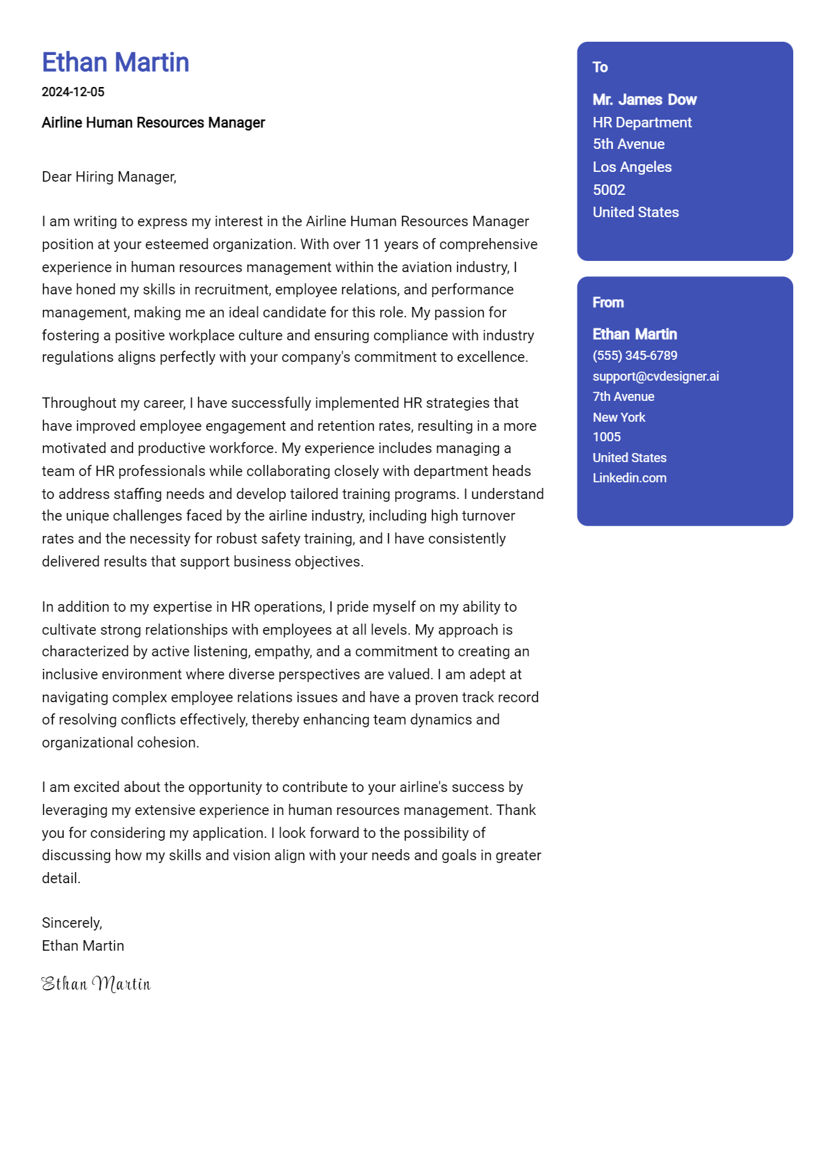 airline human resources manager cover letter example