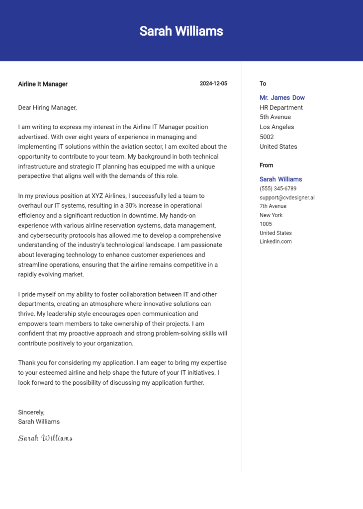 airline it manager cover letter example