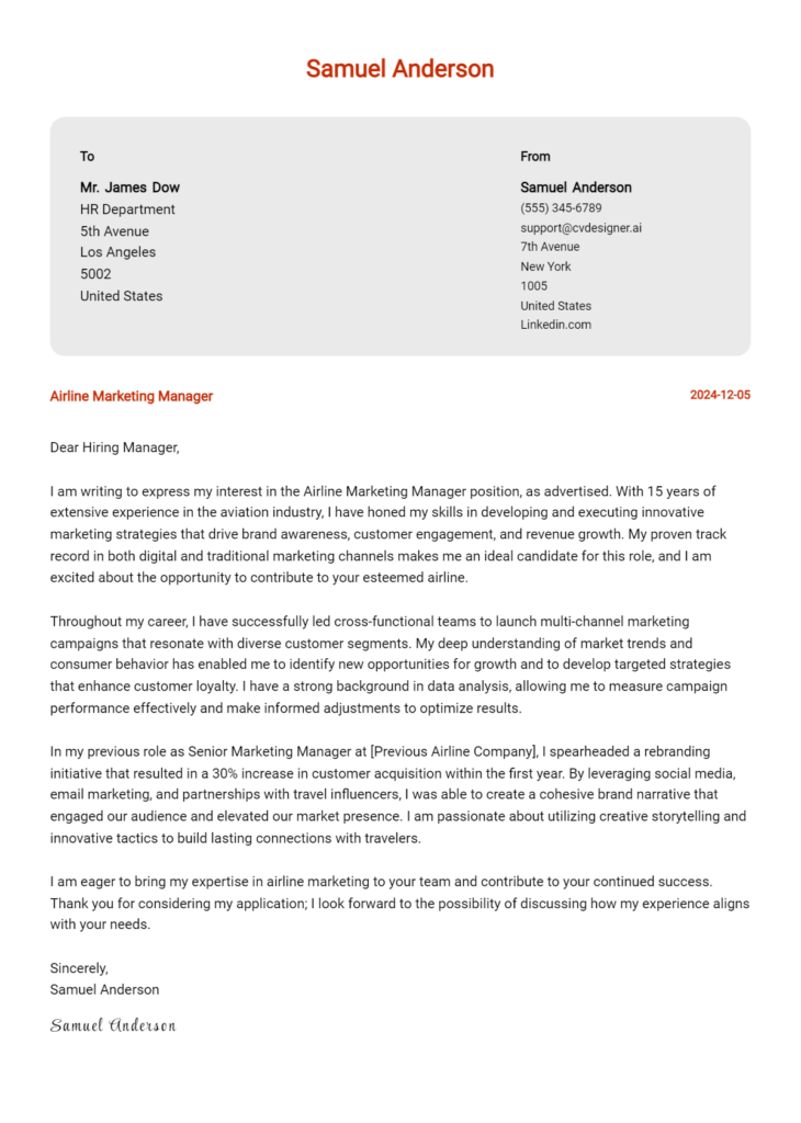 airline marketing manager cover letter example