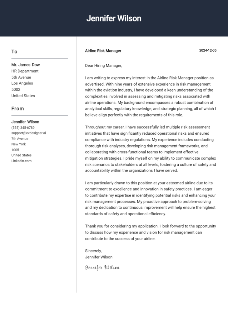 airline risk manager cover letter example