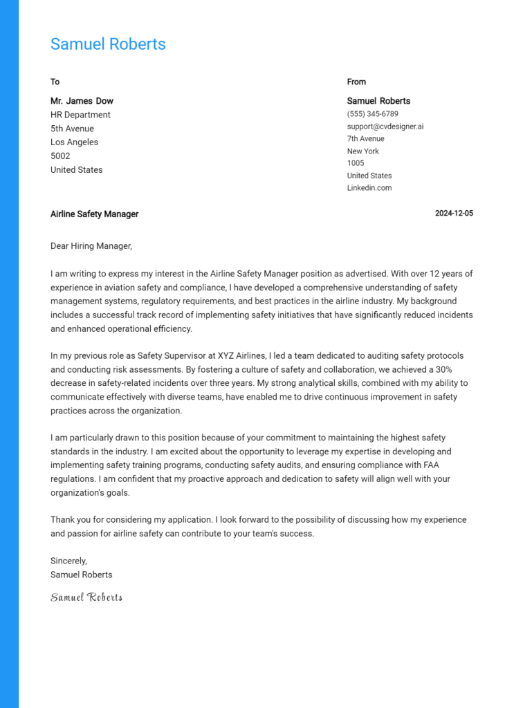 airline safety manager cover letter example