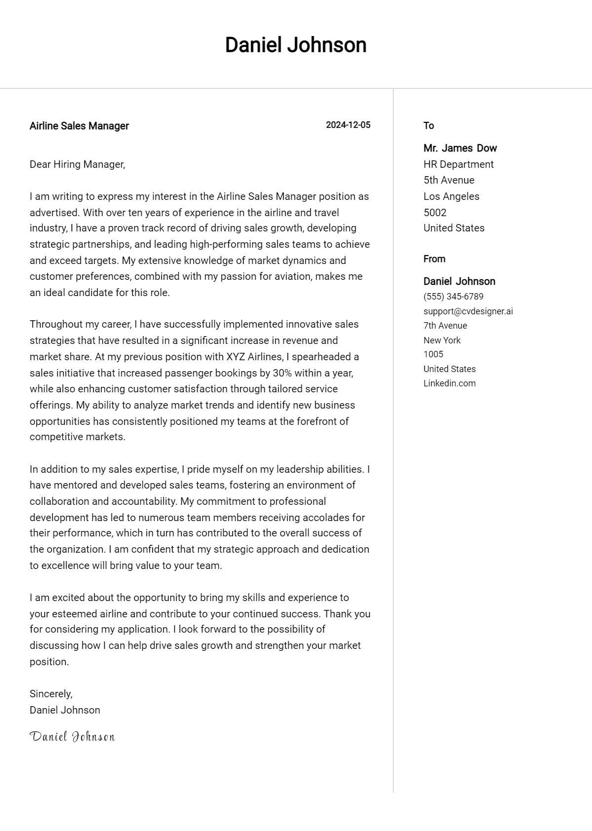 airline sales manager cover letter example