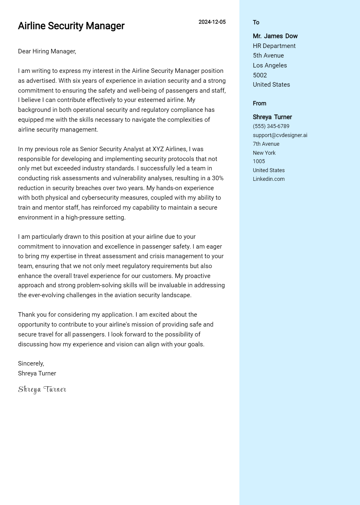 airline security manager cover letter example