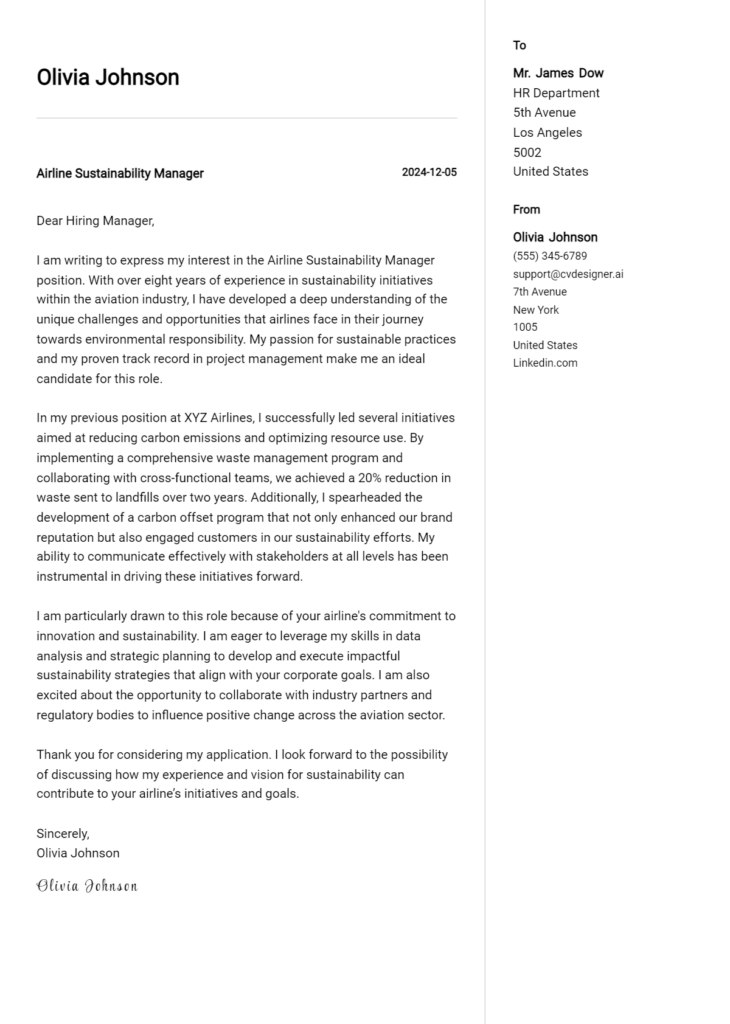 airline sustainability manager cover letter example