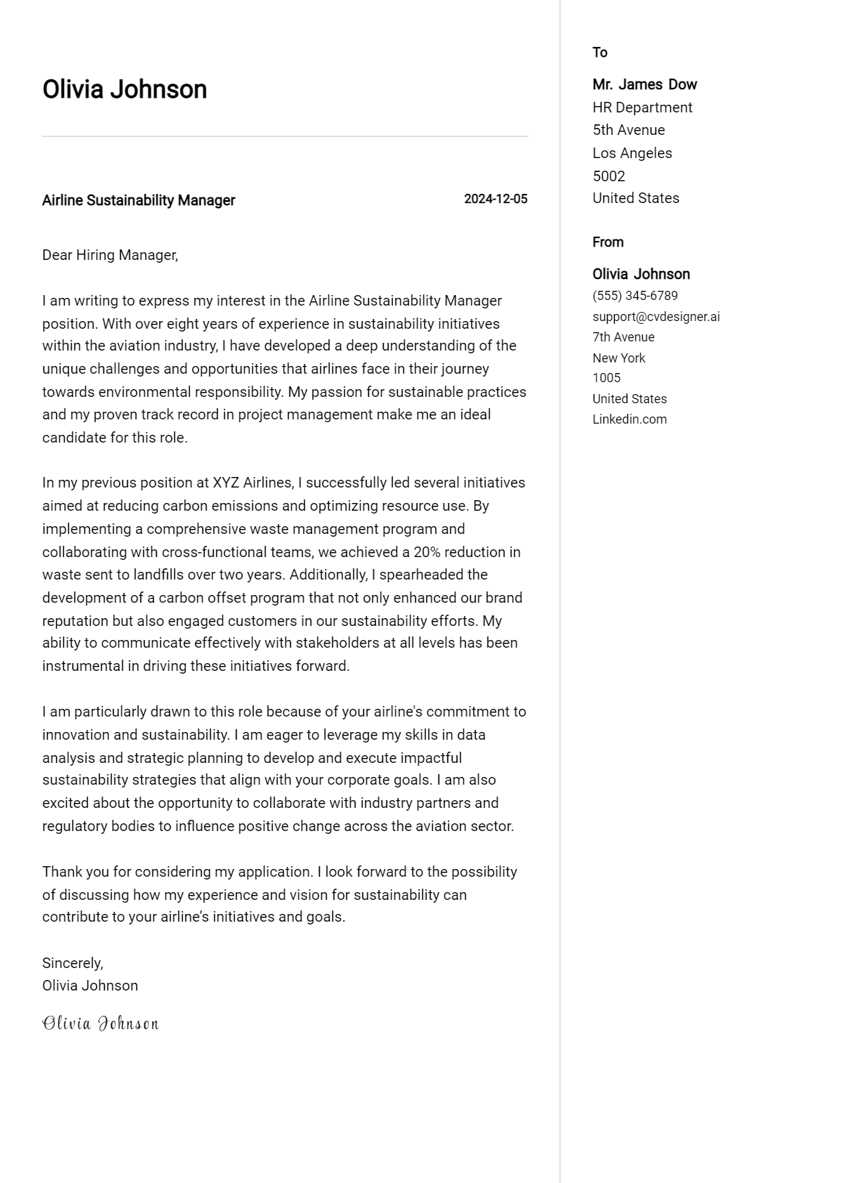 airline sustainability manager cover letter example