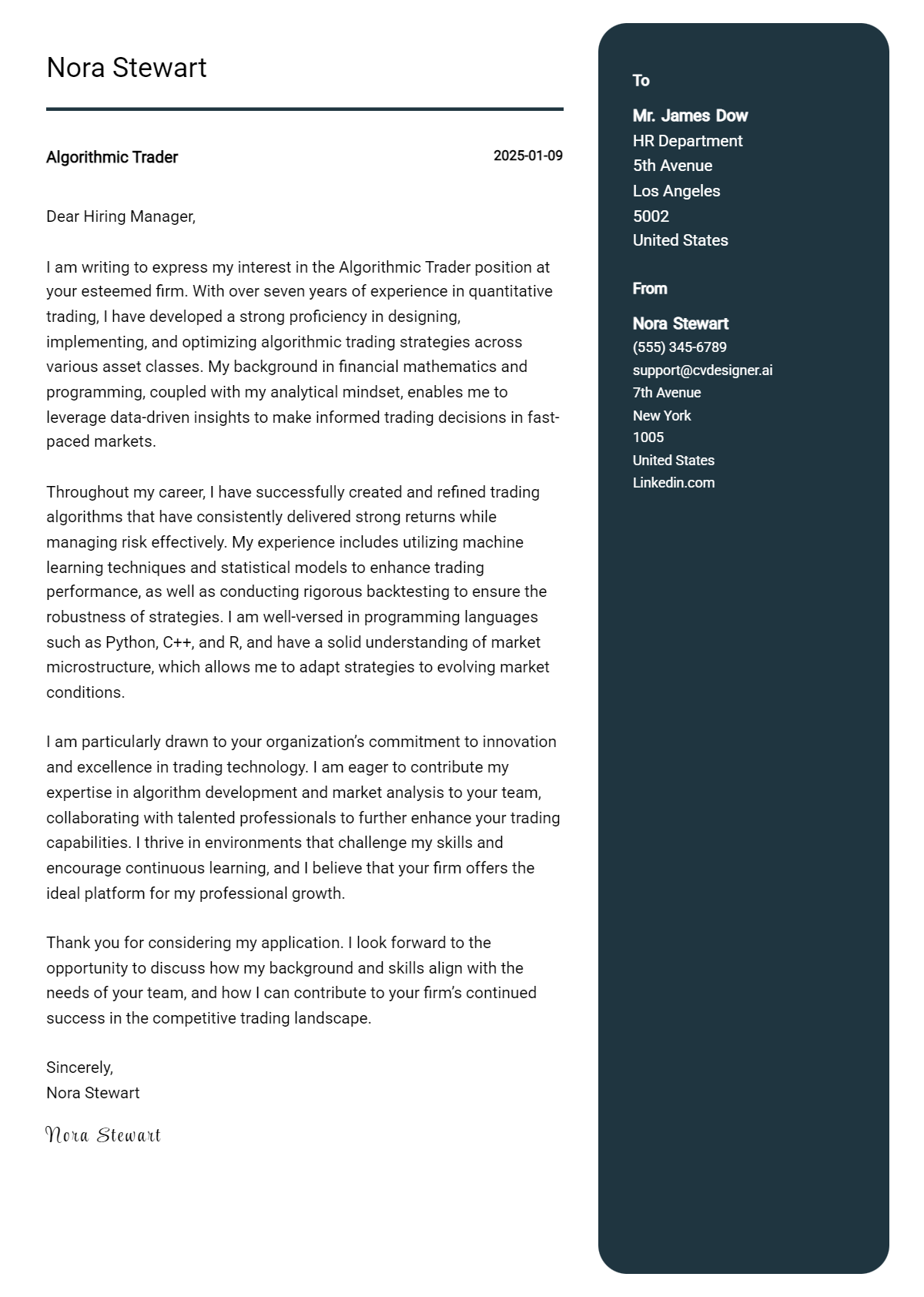 algorithmic trader cover letter example