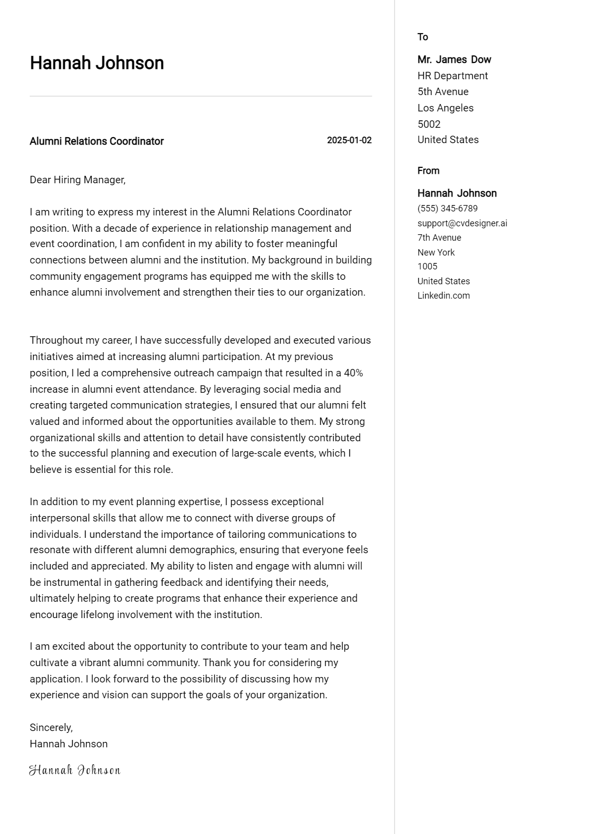 alumni relations coordinator cover letter example