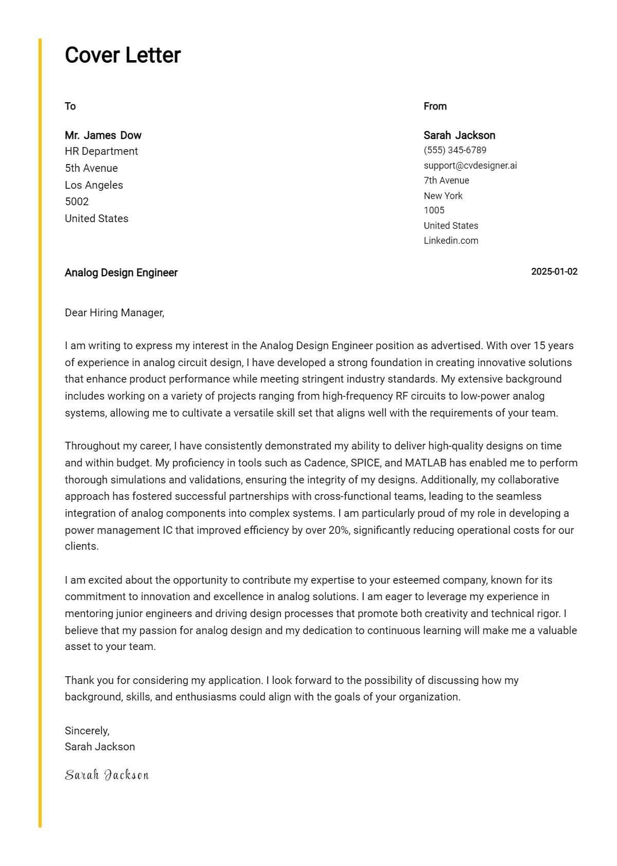 analog design engineer cover letter example