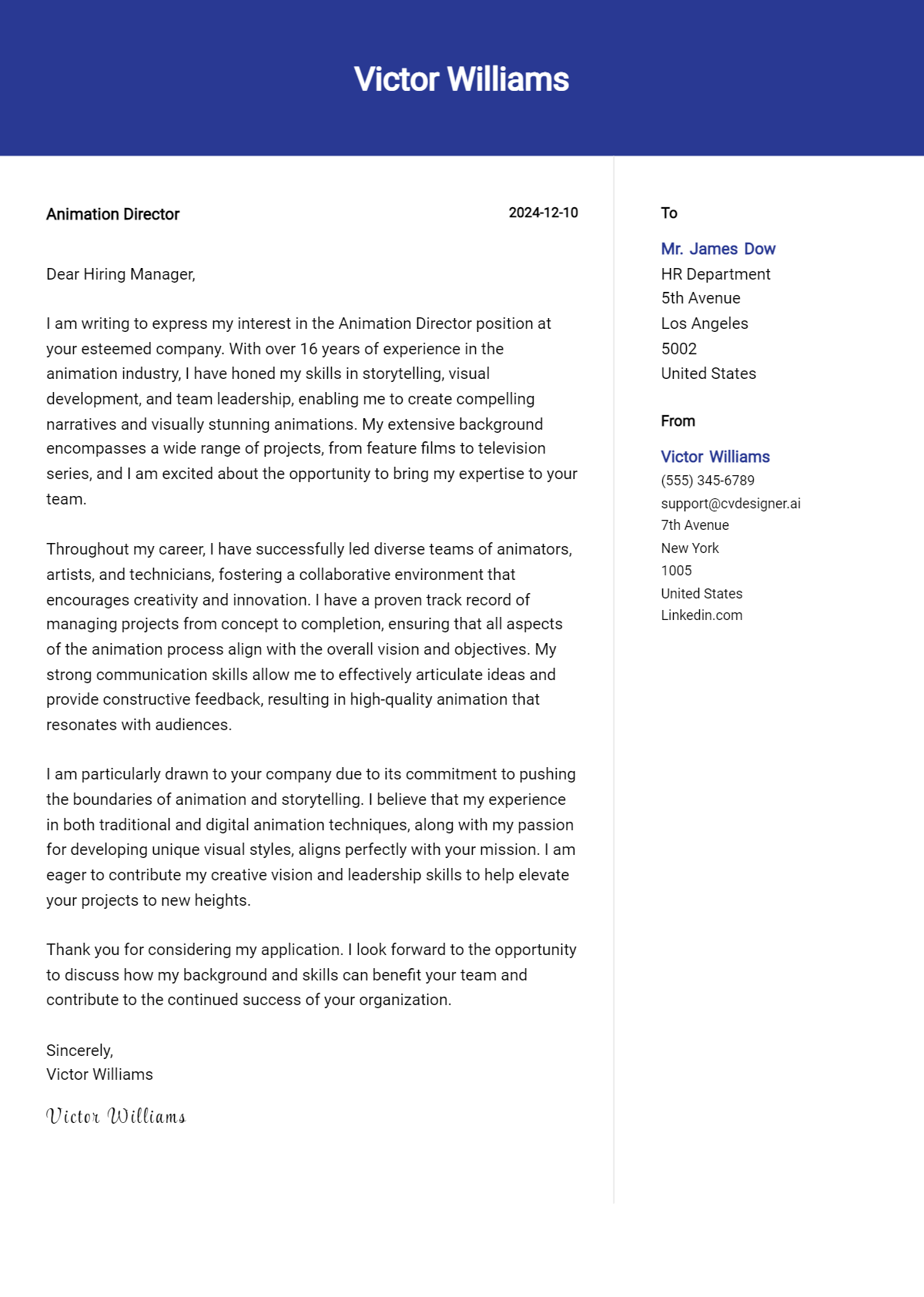 animation director cover letter example