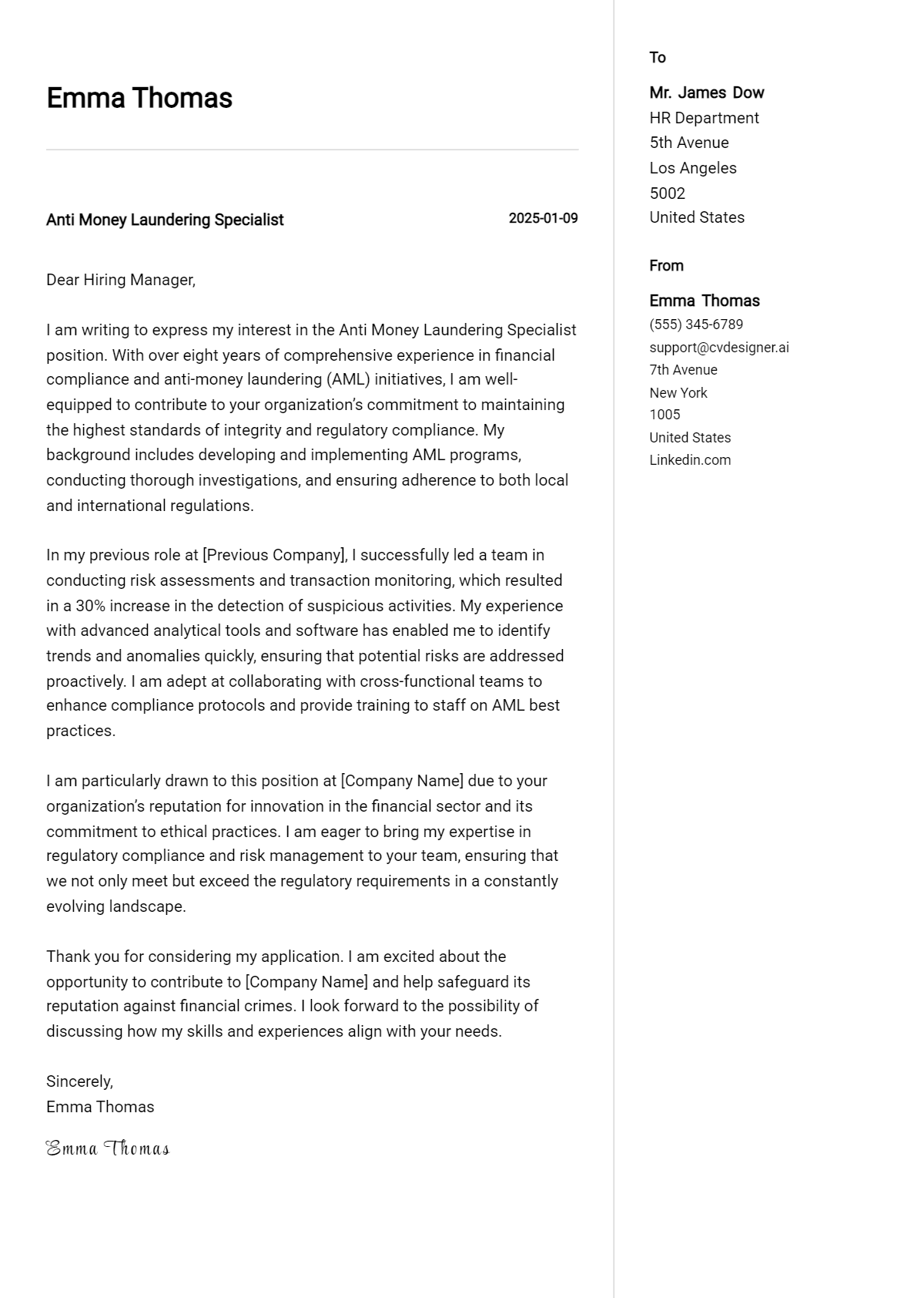 anti money laundering specialist cover letter example